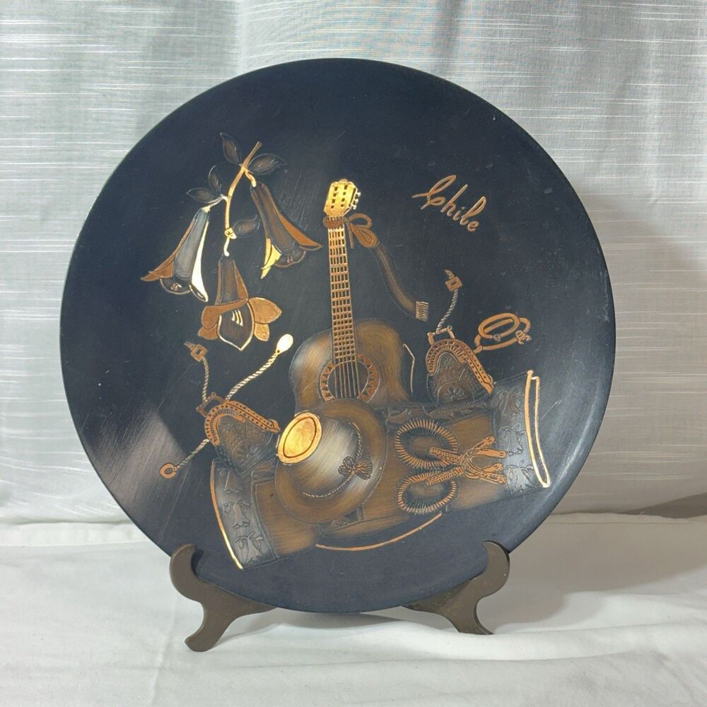 Vtg Chile Etched Copper Wall Plate Blackened Folk Art Guitar Flowers 11.5” Decor